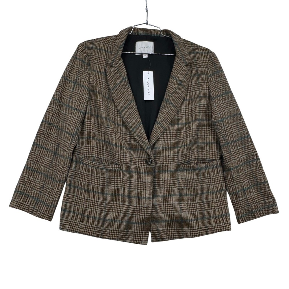 NWT Amour Vert Pippa Plaid Wool Blazer Tan Brown Green Womens Large L
